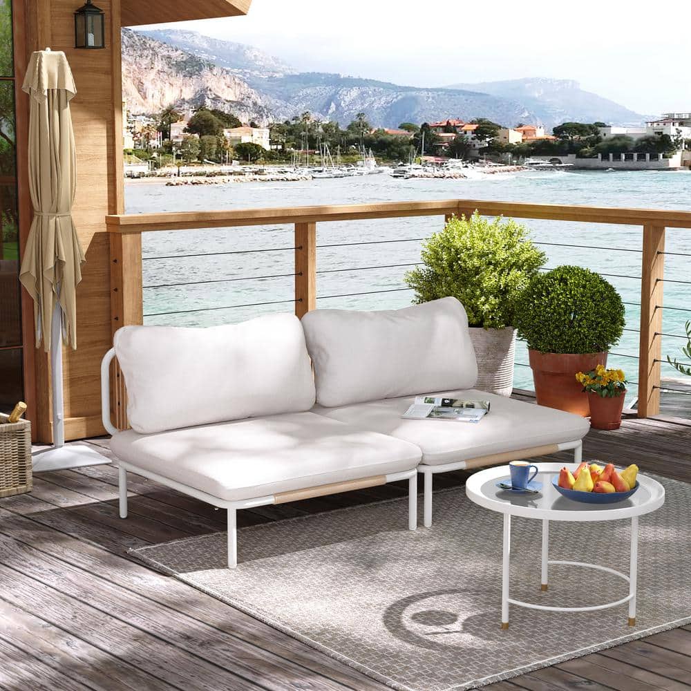 2 Piece Metal Outdoor Sectional Sofa with Beige Cushions 2-Armrest