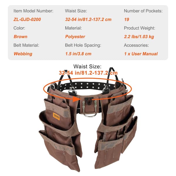 VEVOR Tool Belt, 13 Pockets, Adjusts from 29 Inches to 54 Inches, Polyester  Heavy Duty Tool Pouch Bag, Detachable Tool Bag for Electrician, Carpenter,  Handyman, Woodworker, Construction, Framer, Brown