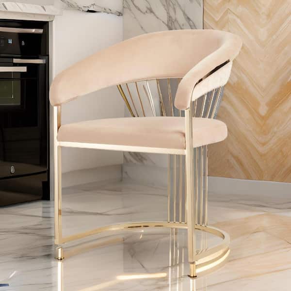 Benjara Beige and Gold Velvet Metal Frame Dining Chair