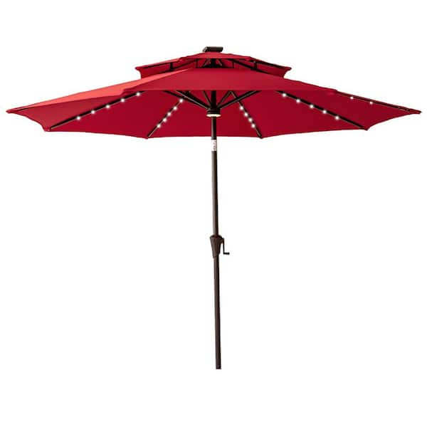C-Hopetree 9 ft. Double Top Aluminum Market Solar Tilt Patio Umbrella with LED Lights in Red Solution Dyed Polyester