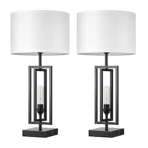 25.6 in. Black Base Table Modern Lamp Set with Dimmable Touch Control Night Light, USB Ports and Beige Shade (Set of 2)