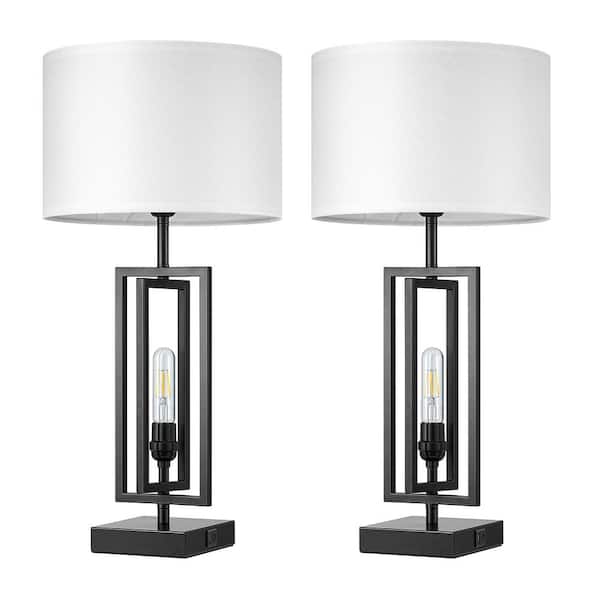 EDISHINE 25.6 in. Black Base Table Modern Lamp Set with Dimmable Touch Control Night Light, USB Ports and Beige Shade (Set of 2)