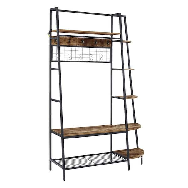 Amucolo Rustic Brown Hall Tree with Shelves, Multiple Hooks, and Bench Seat