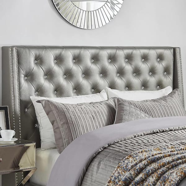 HomeSullivan 64.2 in. W Silver Gray Faux Leather Crystal Tufted Full Headboard