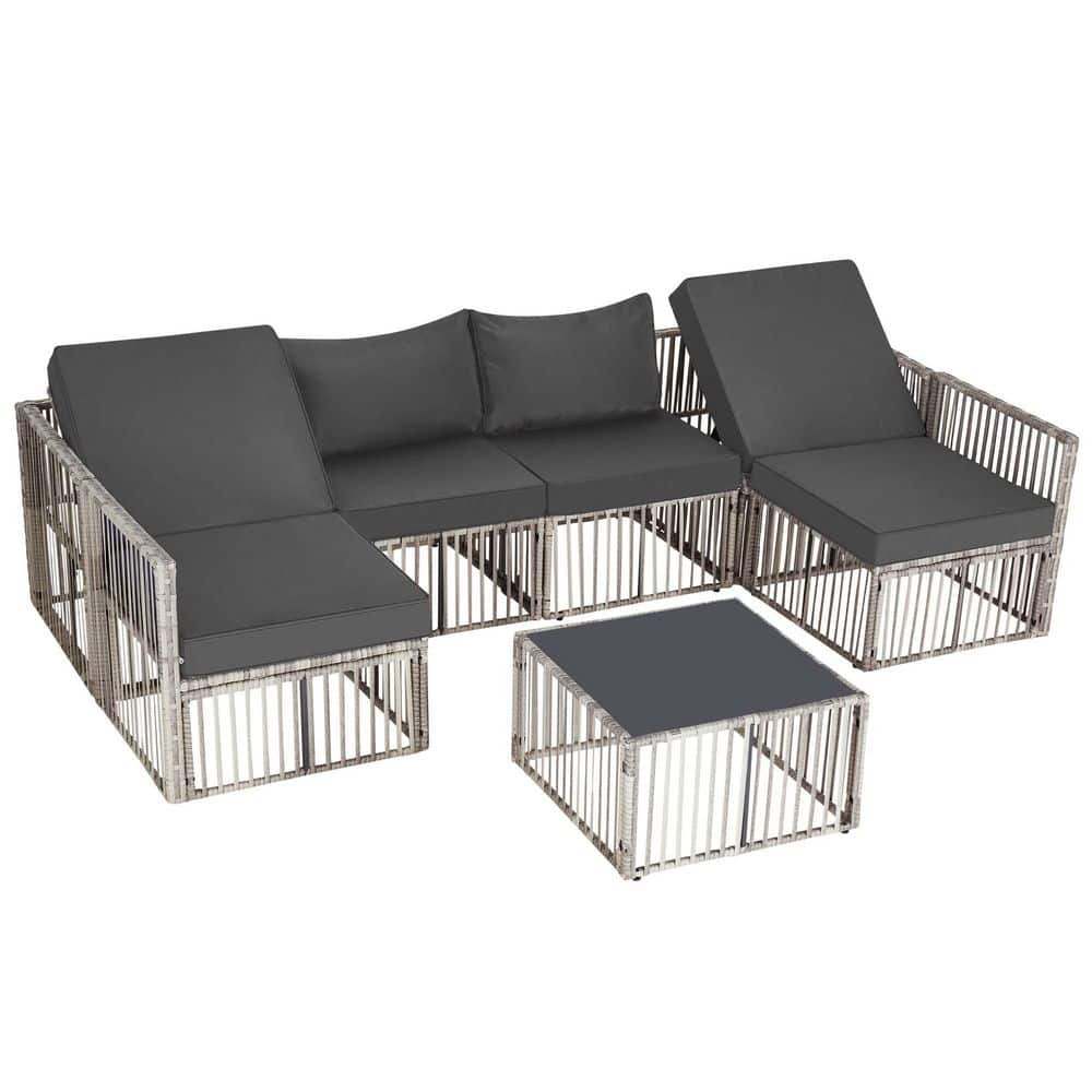 7 Pieces Gray Wicker Patio Conversation Set Sofa set with Gray Cushions and 1 Coffee Table