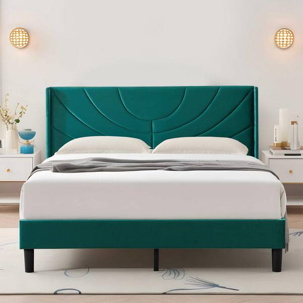 VECELO Upholstered Bed Green Metal Frame Full Platform Bed with Headboard Wood Slat Support