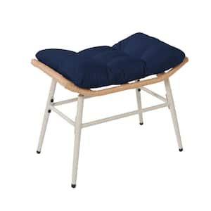 Rectangle Yellow Wicker Waterproof 4-Legged Curved Outdoor Ottoman with Navy Blue Cushion