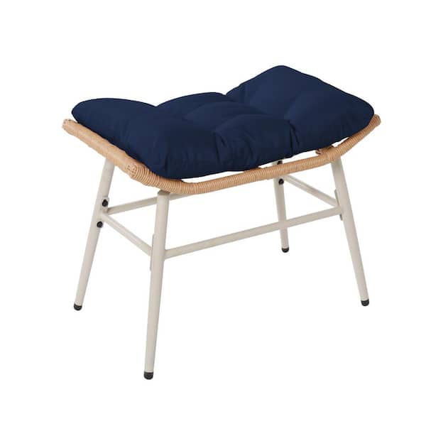 UPHA Rectangle Yellow Wicker Waterproof 4-Legged Curved Outdoor Ottoman with Navy Blue Cushion