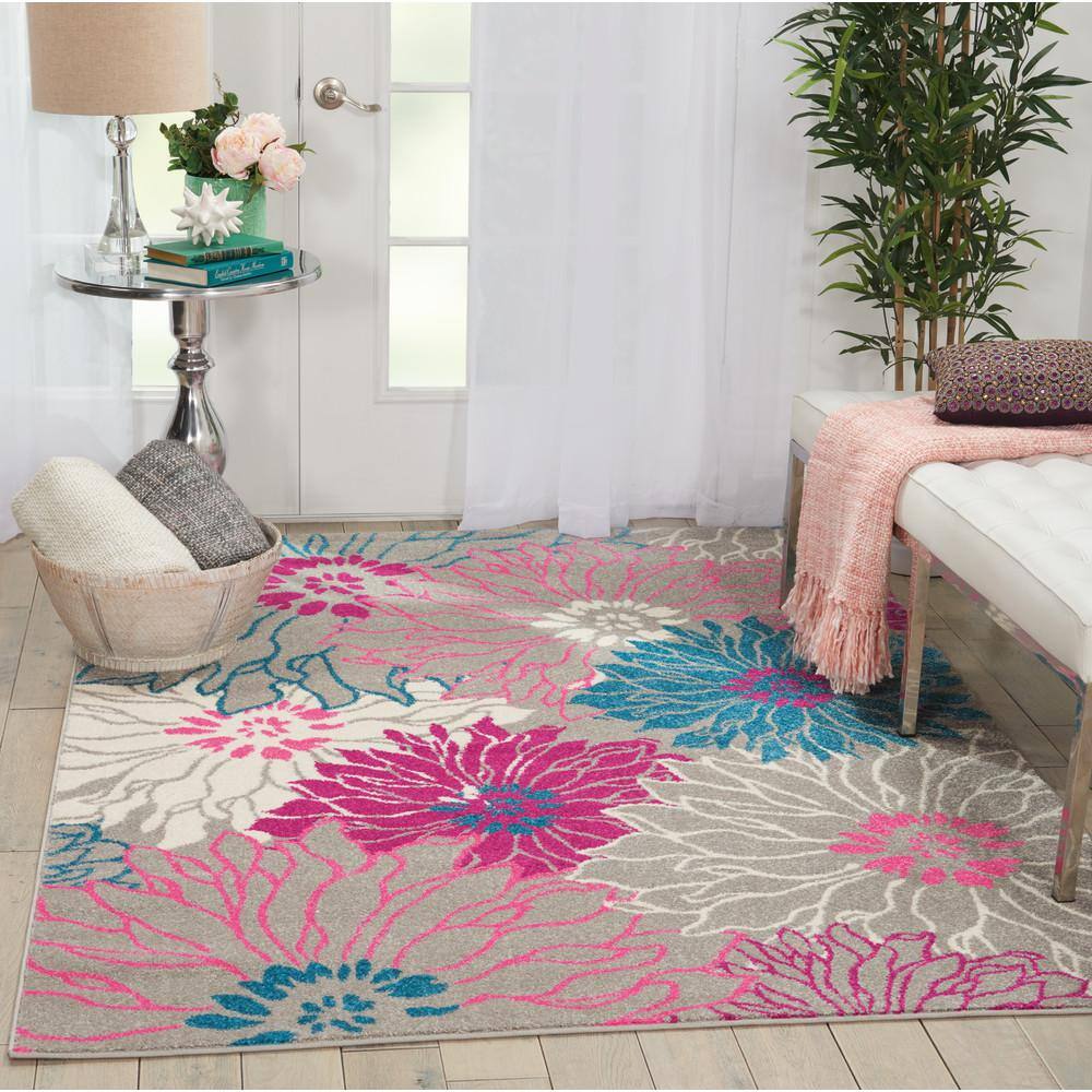 Gray and Pink Floral Synthetic 5' x 7' Area Rug