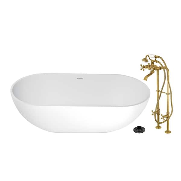 Arcticstone 70.1 in. x 34.6 in. Surface White Stone Flatbottom Soaking Freestanding Bathtub in White/Brushed Brass