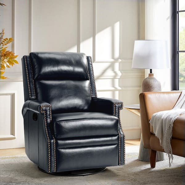Dryope Navy Genuine Leather Swivel Rocker Recliner with Nailhead Trim