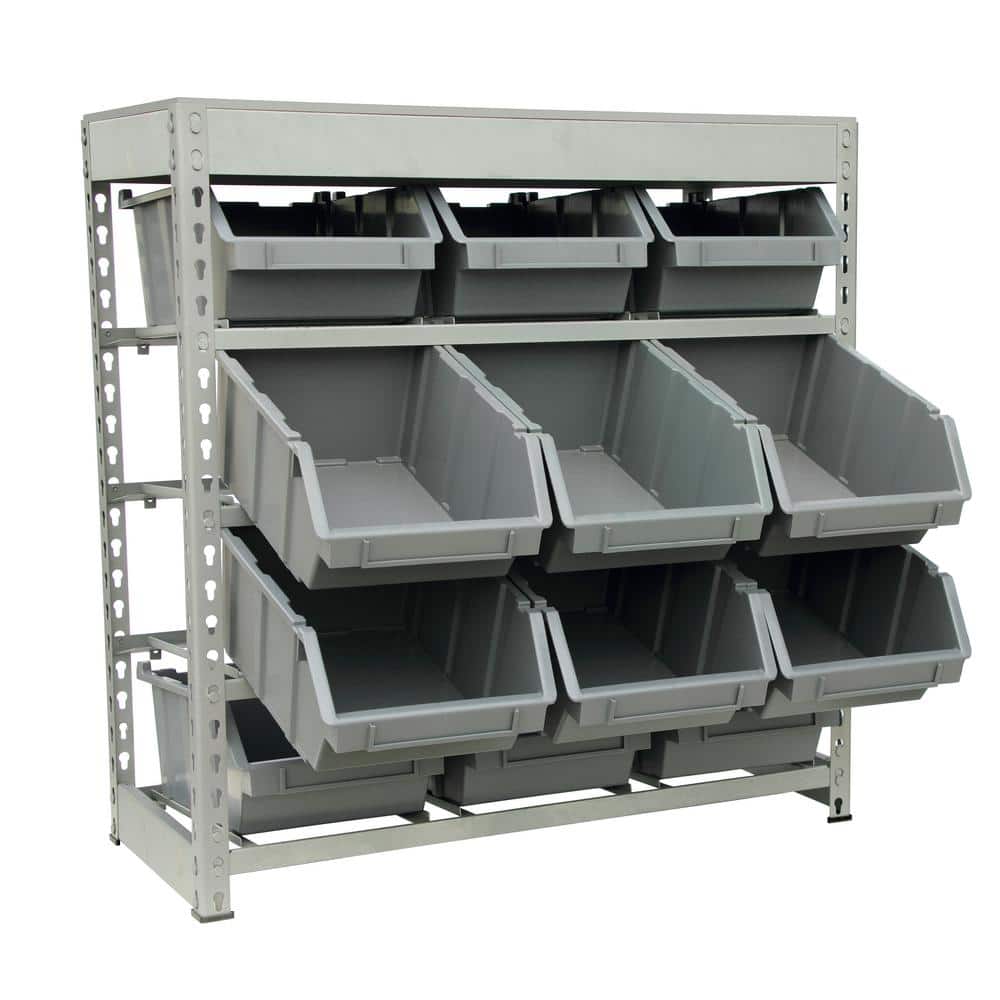 Gray 4-Tier Metal Organizer Shelving Rack with 12 Bins