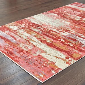 Formosa Pink/Red 9 ft. x 12 ft. Modern Distressed Abstract Hand-Loomed Viscose Indoor Area Rug