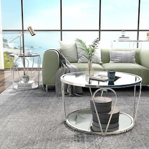 Orrum 31.25 in. Chrome and Clear Round Glass Coffee Table Set (2-Piece)