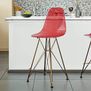 Cresco Modern Acrylic Bar Stool with Gold Chrome Steel Base and Footrest Set of 2 in Transparent Red