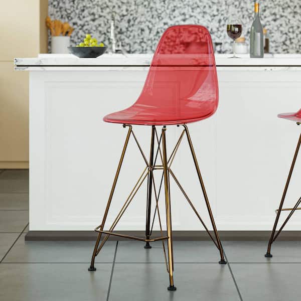 Cresco Modern Acrylic Bar Stool with Gold Chrome Steel Base and Footrest Set of 2 in Transparent Red