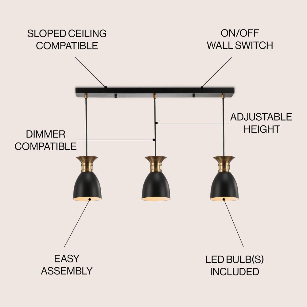 Edison 33.25" Matte Black and Brass Gold 3-Light LED Pendant