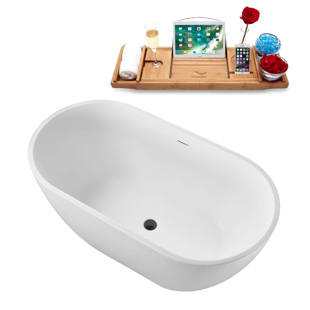 55" Glossy White Acrylic Freestanding Soaking Tub with Tray