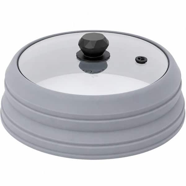 11.8 in. Light Gray Microwave Splatter Cover, Vented Glass Splatter Guard Lid, Collapsible Silicone Frame