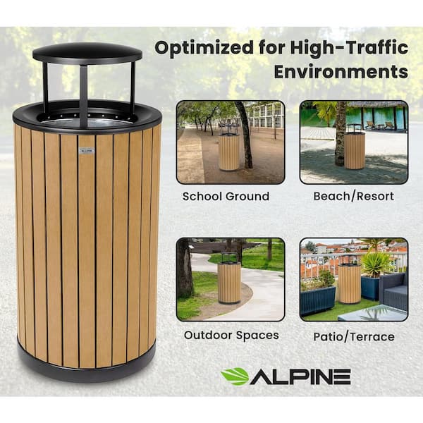 32 gal. All-Weather Cedar Steel Round Vented Commercial Outdoor Trash Can Garbage Receptacle with Bonnet Lid and Liner
