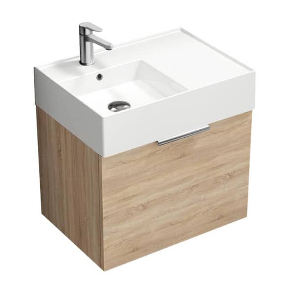 Derin 23.6 in. W x 17.3 in. D x 25.19 in. H Modern Bathroom Vanity in Brown Oak With White Ceramic Top