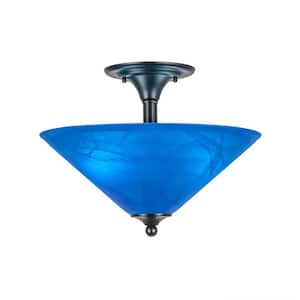 Bristol 11.75 in. 2-Light Matte Black Semi-Flush with 16 in. Blue Italian Glass Shade No Bulbs Included