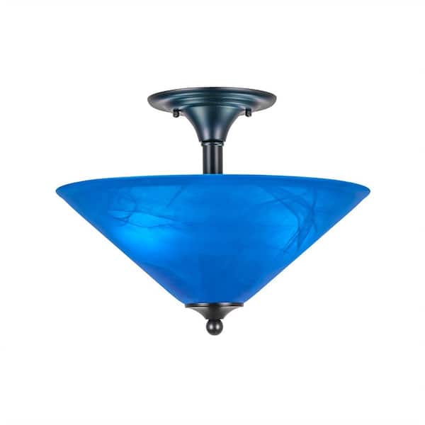 Unbranded Bristol 11.75 in. 2-Light Matte Black Semi-Flush with 16 in. Blue Italian Glass Shade No Bulbs Included