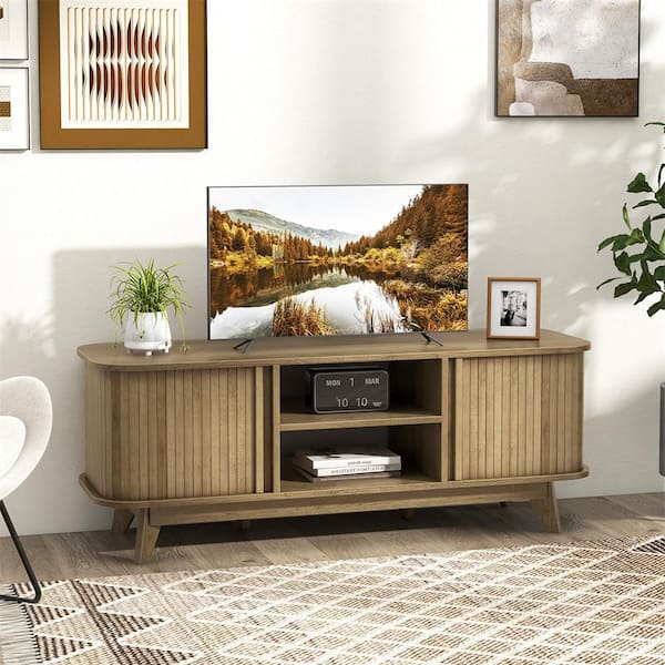 Costway Oak TV Stand Entertainment Center Fits TVs up to 55 in. with Adjustable Shelves and Sliding Doors