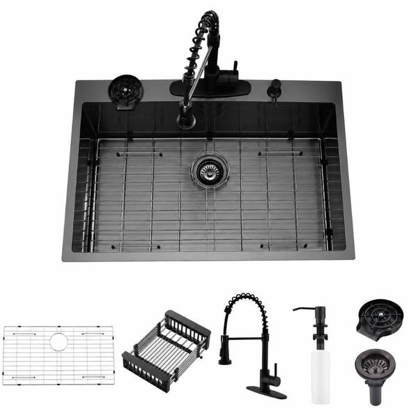33 in. Drop-In Single Bowl Black Stainless Steel Kitchen Sink with Cup Washer and Accessories, 9 in. Deep