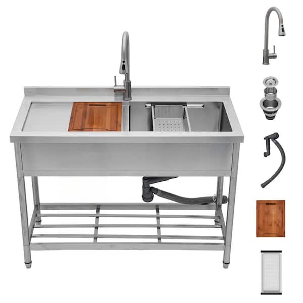 47.2x21 Inch Stainless Steel  1-Compartment Freestanding Commercial Sink with Pull-out Faucet for Kitchen