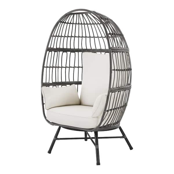 Breezy Bay Gray Wicker Outdoor Egg Chair with CushionGuard Almond Cushions