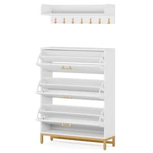 Lauren 48 in. H White Narrow Wood Shoe Storgae Cabinet with 3 Flip Compartments Drawers and Wall Mounted Coat Rack