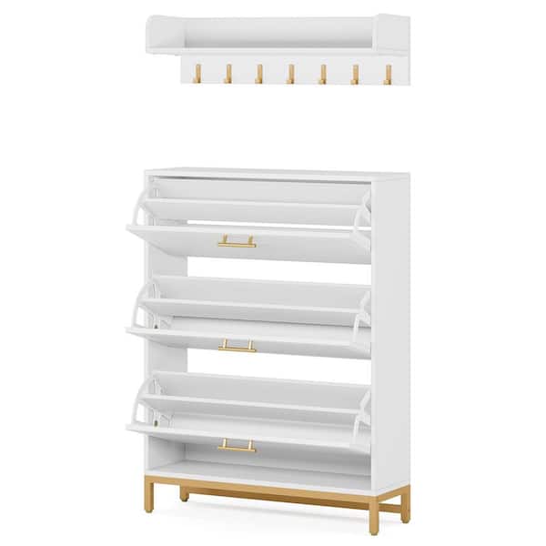 BYBLIGHT Lauren 48 in. H White Narrow Wood Shoe Storgae Cabinet with 3 Flip Compartments Drawers and Wall Mounted Coat Rack