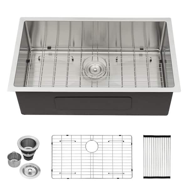 LORDEAR 33 in. Undermount Single Bowl 16-Gauge Stainless Steel Kitchen Sink with Bottom Grid and Strainer