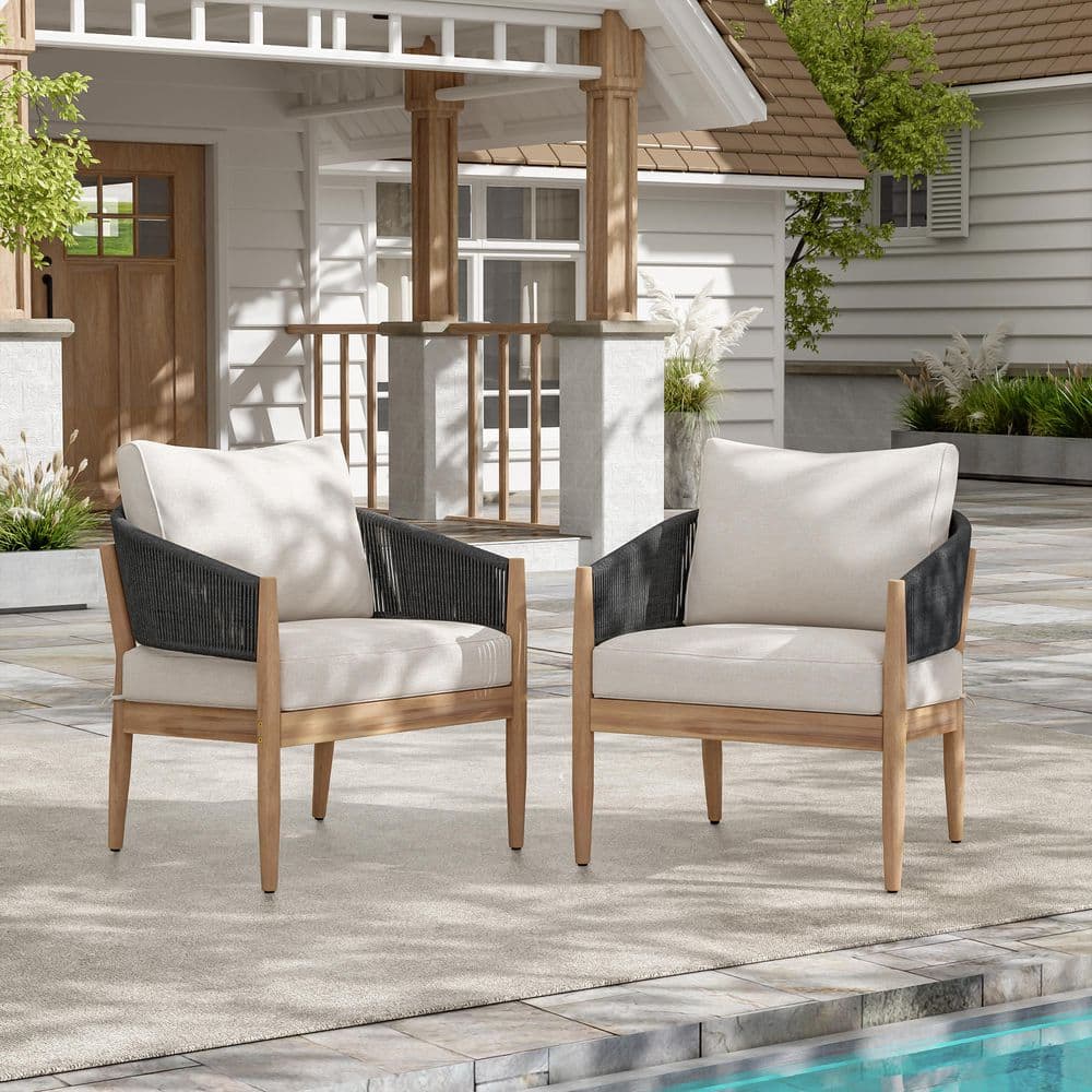 Natural Wood Outdoor Club Chair Lounge Chair with Beige Cushions, Black Rope, Crossbars (2-Pack) price history on PriceWatchPro