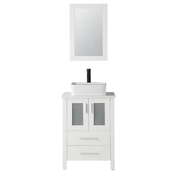 waterpar 24 in. W x 19 in. D x 33 in. H Single Sink Bath Vanity in White with White Wood Top and Mirror