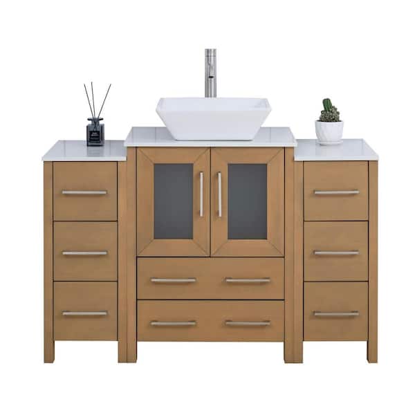 Vanity Art 48 in. W Single Basin Natural Oak Bath Vanity with White Engineered Marble Top and Mirror