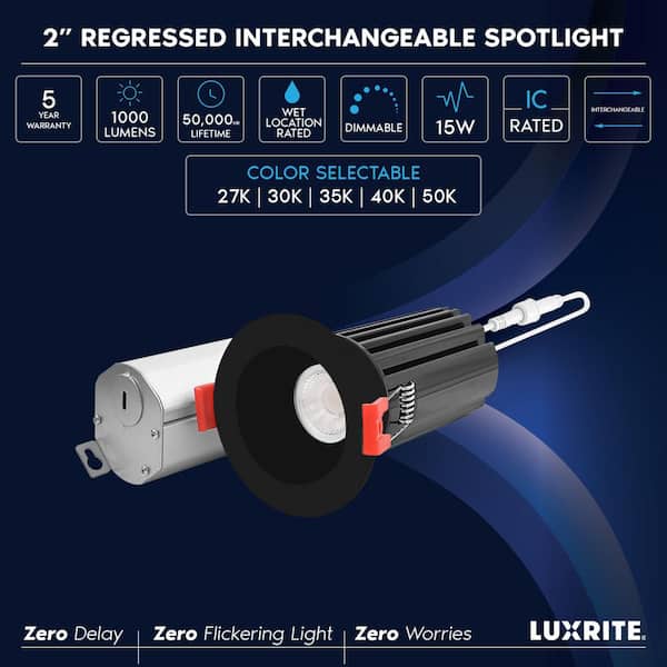 2 in. LED Recessed Light J-Box 15 Watt 5 Color Selectable 2700K-5000K 1000 Lumens Dimmable Wet Rated Black (4 Pack)