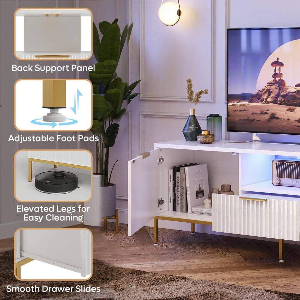 White and Gold 55 Inch TV Stand with Drawer and Cabinet