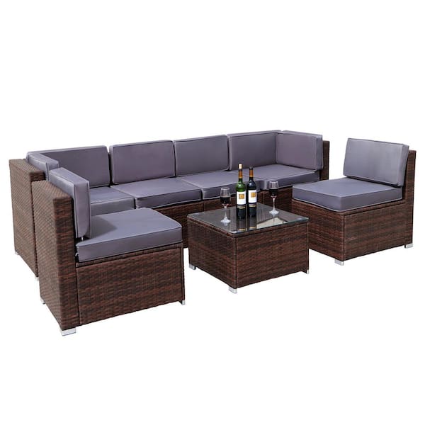 maocao hoom 7-Piece Brown Wicker Patio Conversation Set with Gray Cushions
