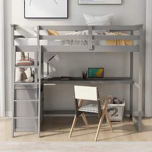 Gray Twin Size Loft Bed with Desk and Shelves, Wood Kids Loft Bed Frame with 2 Built-in Drawers