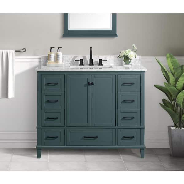 Home Decorators Collection Merryfield 43 in. Single Sink Freestanding Antigua Green Bath Vanity with White Carrara Marble Top (Assembled)
