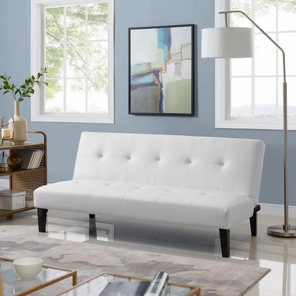 HOMESTOCK White Futon Sofa Bed, Faux Leather Futon Couch, Sofa Bed Couch Convertible with Button Tufted Futon Bed - The Home Depot