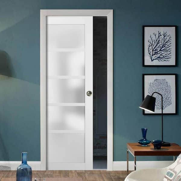 4002 28 in. x 80 in. Single Panel White Finished Solid MDF Sliding Door with Pocket Hardware