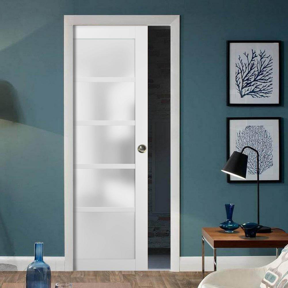Quadro White Silk Pocket Door with Frosted Glass and Hardware Kit
