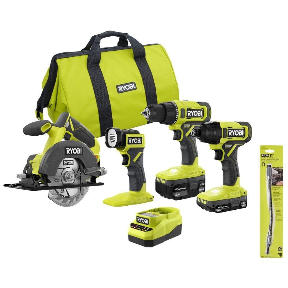 ONE+ 18V Cordless 4-Tool Combo Kit with 1.5 Ah Battery, 4.0 Ah Battery, Charger, and 11 in. Flexible Shaft Bit Holder price history on PriceWatchPro