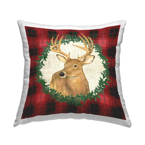 Deer on Plaid & Wreath Red Plaid Polyester 18 in. X 18in. Throw Pillow