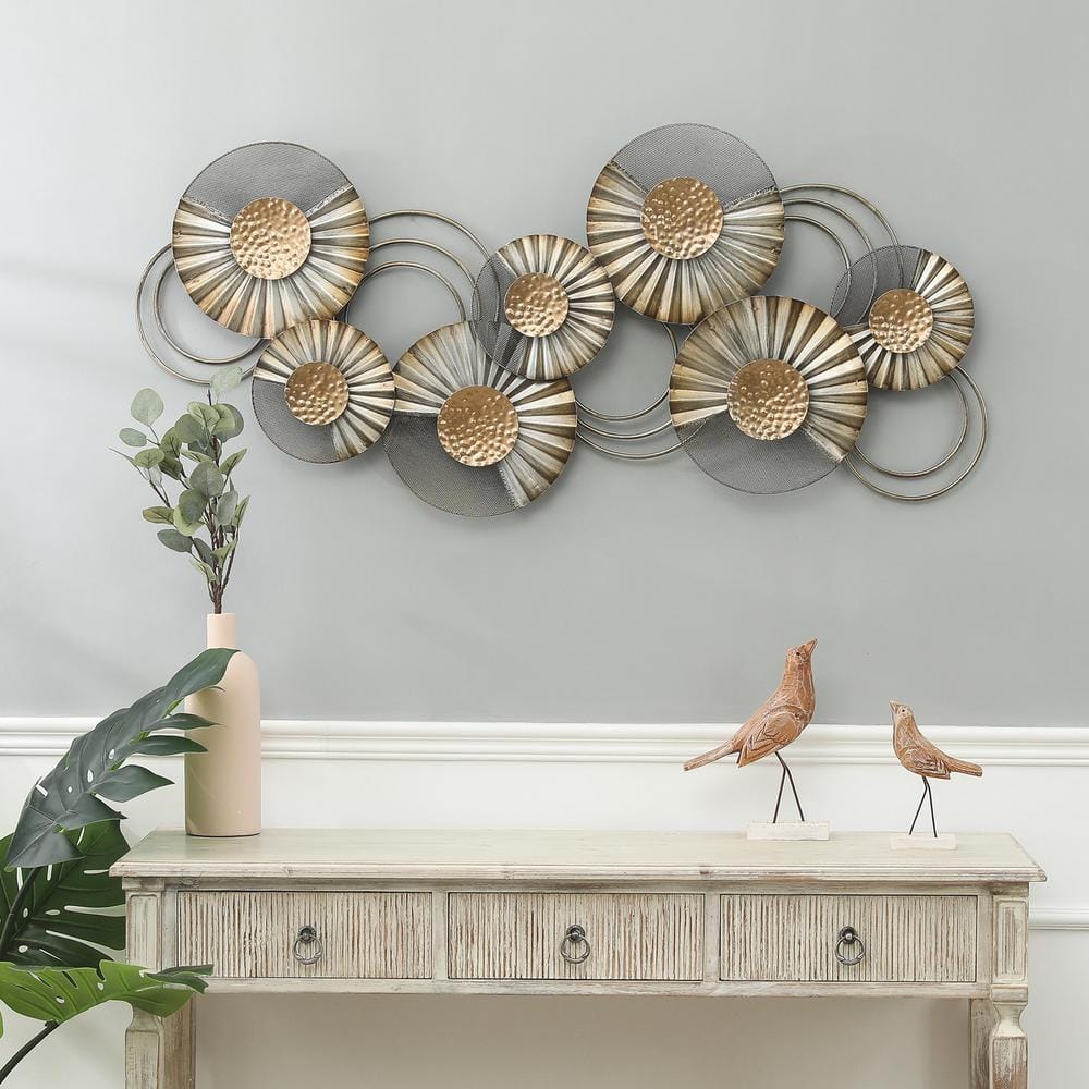 48.5" W Distressed Gray and Gold Metal Floral Wall Sculpture