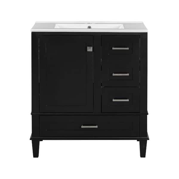 30 in. Single Sink Freestanding Black Bath Vanity with White Ceramic Top, Solid Wood Frame