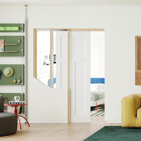30 in. x 80 in. T-Shape White Primed Solid Core Wood MDF Sliding Pocket Door with Soft Close, Frame and Hardware Kit